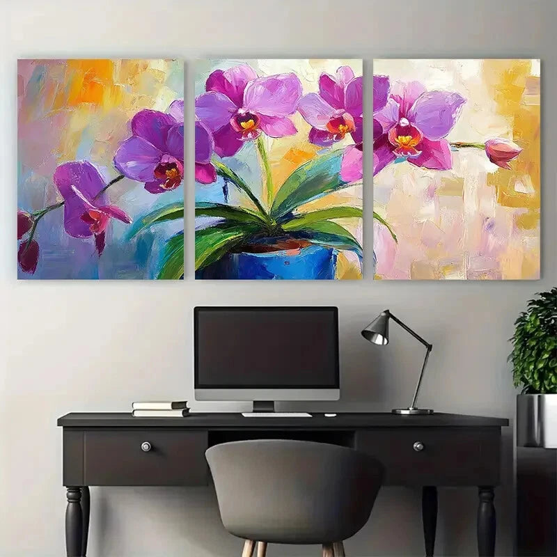 3pcs Orchid Flower in a Pot Abstract Design Metal Print Ready to Hang Art