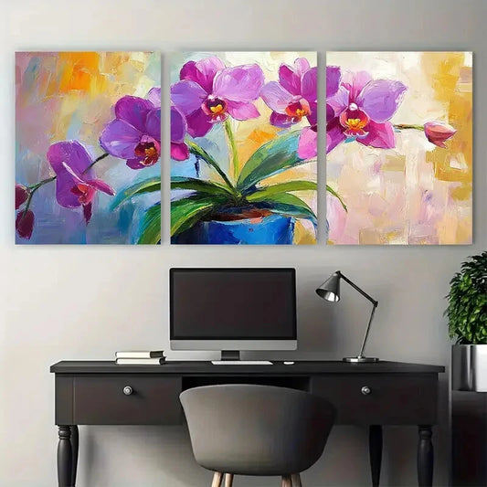 3pcs Orchid Flower in a Pot Abstract Design Metal Print Ready to Hang Art