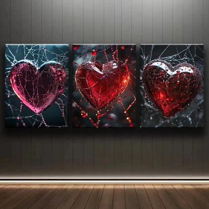 3pcs Glass Heart Stunning Red Metal Print Ready to Hang Art