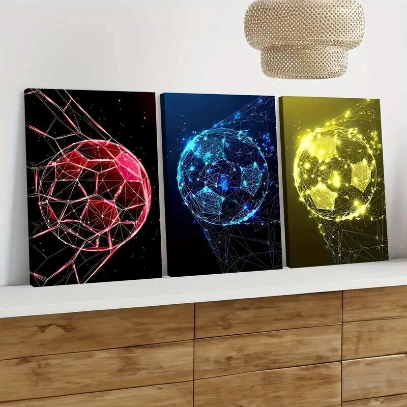 3pcs Soccer Ball Geometric Colourful Red Blue Wall Art Set Canvas Framed 40x60cm - High Quality Print 100% Australian Made Wall Canvas Ready to Hang