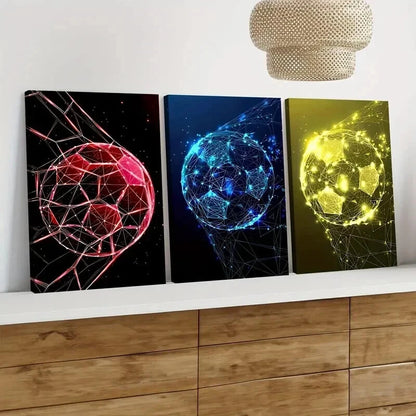 3pcs Soccer Ball Geometric Colourful Red Blue Wall Art Set Canvas Framed 40x60cm - High Quality Print 100% Australian Made Wall Canvas Ready to Hang