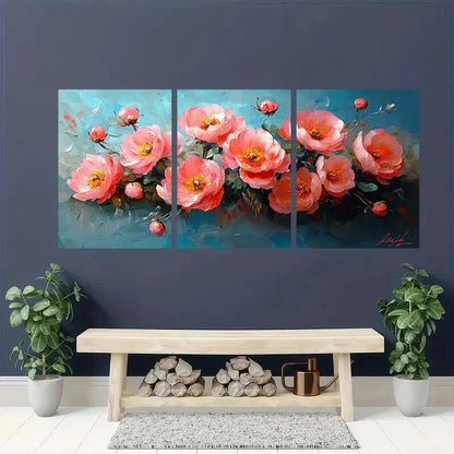 3pcs Pink Peonies Impasto Painting Oil Painting Metal Print Ready to Hang Art