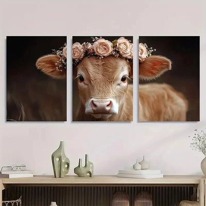 3pcs Charming Baby Cow with Floral Metal Print Ready to Hang Art