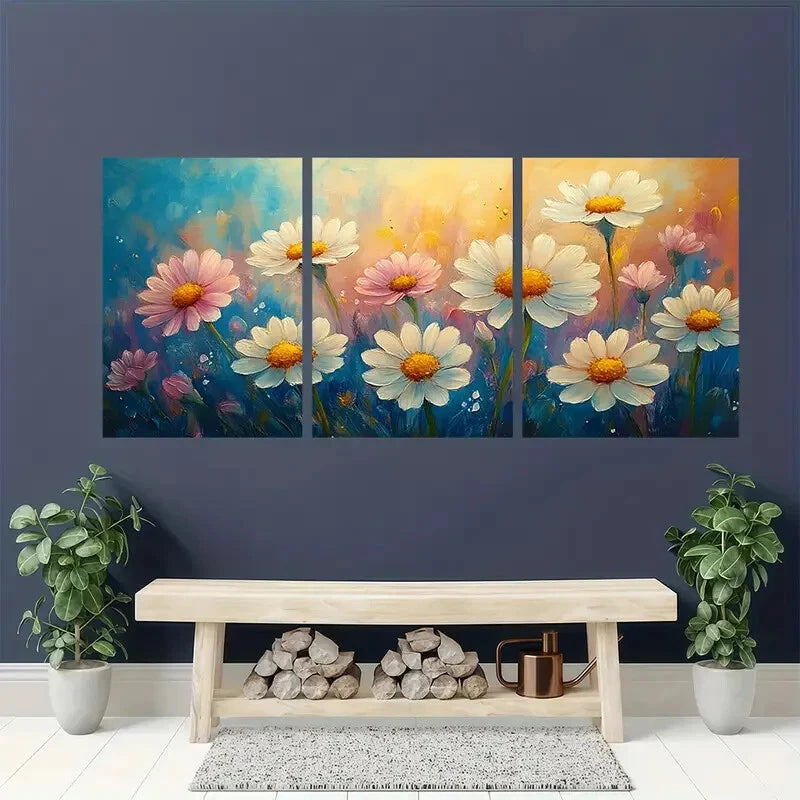3pcs Vibrant Wildflower Designs in Blue Yellow Metal Print Ready to Hang Art