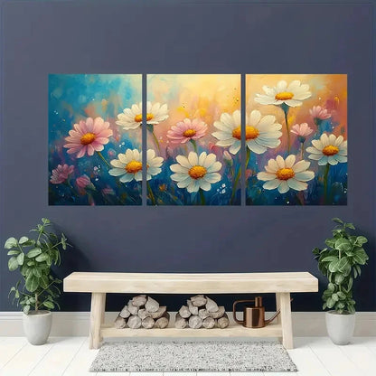 3pcs Vibrant Wildflower Designs in Blue Yellow Metal Print Ready to Hang Art