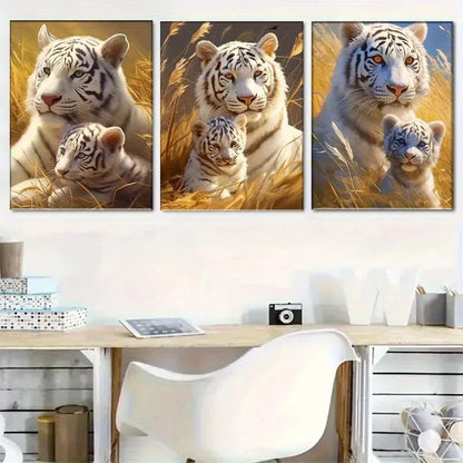 3pcs White Tiger and Cub Animal Family Theme Metal Print Ready to Hang Art