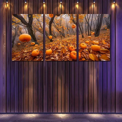 3pcs A Surreal Autumn Forest With Pumpkins Wall Art Set Canvas Framed 50x70cm - High Quality Print 100% Australian Made Wall Canvas Ready to Hang