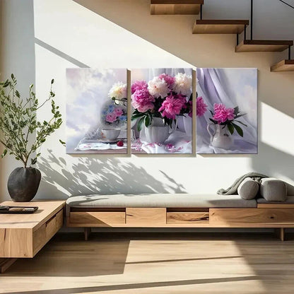 3pcs Vintage Art with Pink Peonies in Vase Wall Art Set Canvas Framed 40x60cm - High Quality Print 100% Australian Made Wall Canvas Ready to Hang
