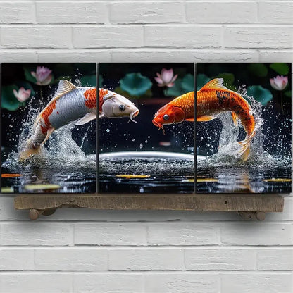 3pcs Golden Koi Fish and Lotus Pond Metal Print Ready to Hang Art