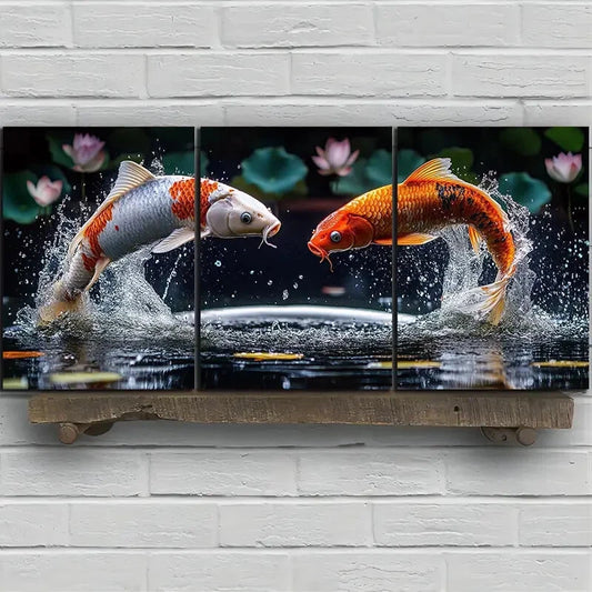 3pcs Golden Koi Fish and Lotus Pond Metal Print Ready to Hang Art