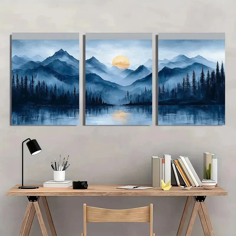 3pcs Blue Gray Abstract Landscape Modern Art Metal Print Ready to Hang Art