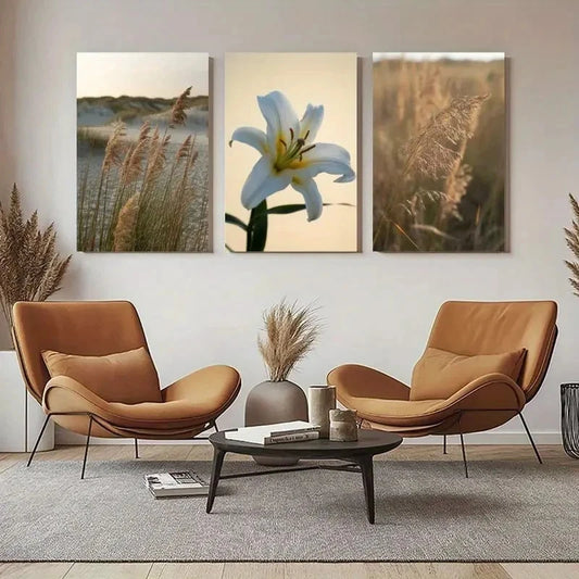 3pcs Pampas Gras White Flower Reed Leaves Metal Print Ready to Hang Art