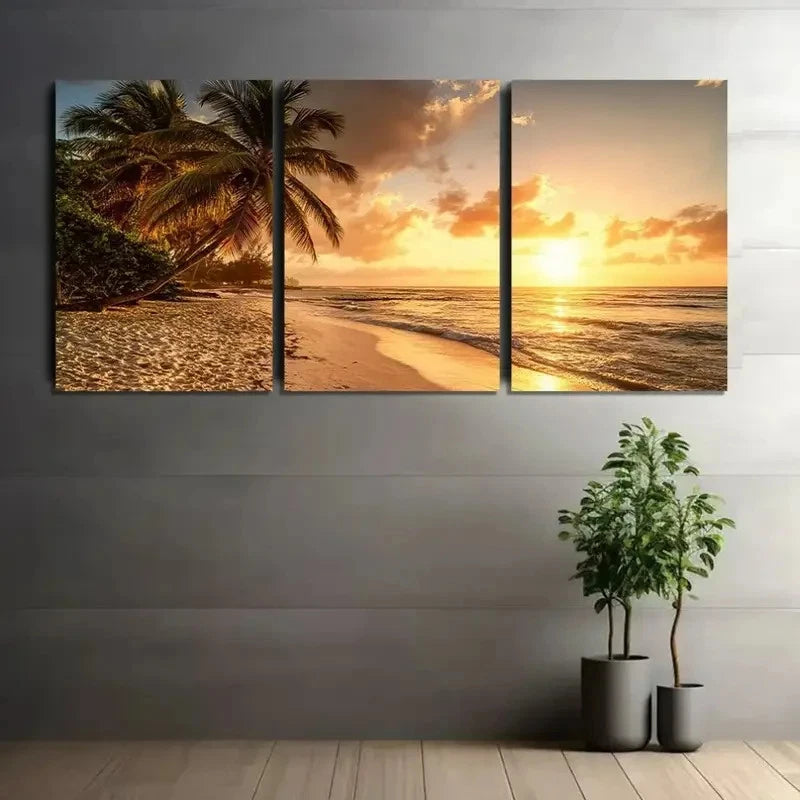 3pcs Golden Sunset Beach Scene with Palm Trees Metal Print Ready to Hang Art