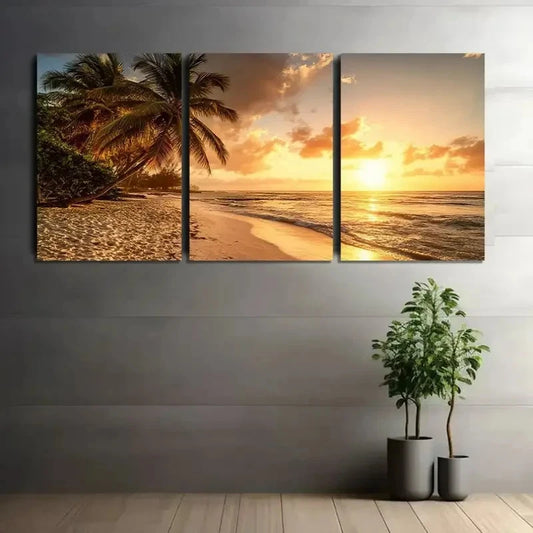 3pcs Golden Sunset Beach Scene with Palm Trees Metal Print Ready to Hang Art