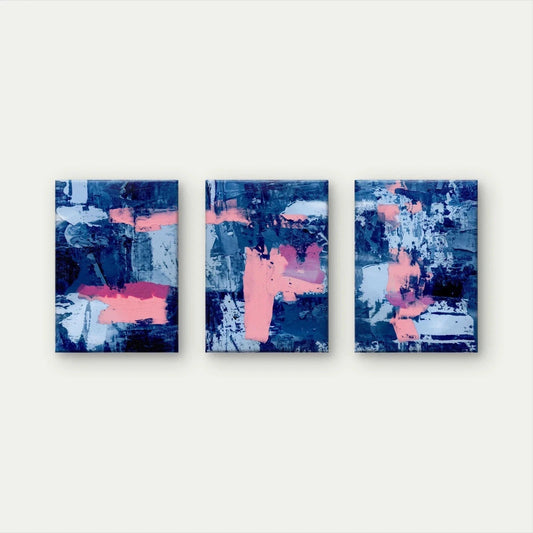 3pcs Navy Blue and Pink Abstract Expressionism Wall Art Set Canvas Framed 60x90cm - High Quality Print 100% Australian Made Wall Canvas Ready to Hang