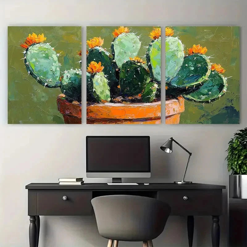 3pcs Garden Cacti in a Pot Mexican Illustration Wall Art Set Canvas Framed 50x70cm - High Quality Print 100% Australian Made Wall Canvas Ready to Hang