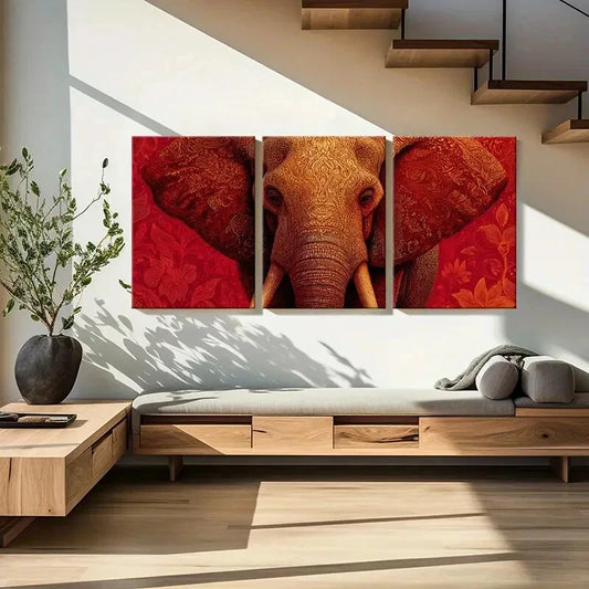 3pcs Elephant Art Intricate Design Red Background Metal Print Ready to Hang Art