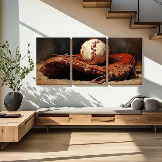 3pcs Vintage Inspired Baseball and Glove Wall Art Set Canvas Framed 40x60cm - High Quality Print 100% Australian Made Wall Canvas Ready to Hang