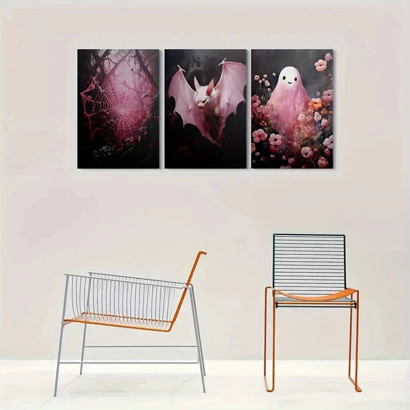 3pcs Spooky Pink Bat Halloween Metal Print Ready to Hang Art