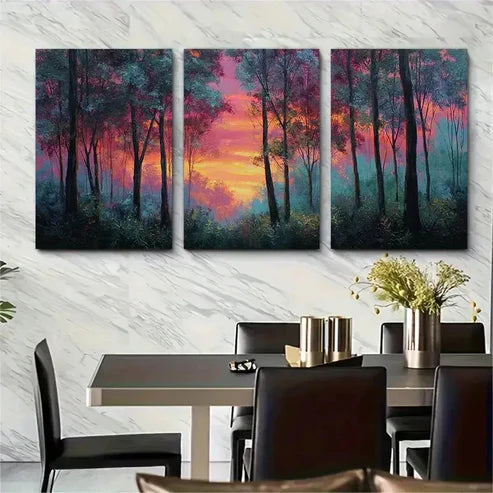 3pcs Forest Sunset High Tree Forest Wall Art Canvas Unframed - High Quality Print 100% Australian Made Wall Canvas
