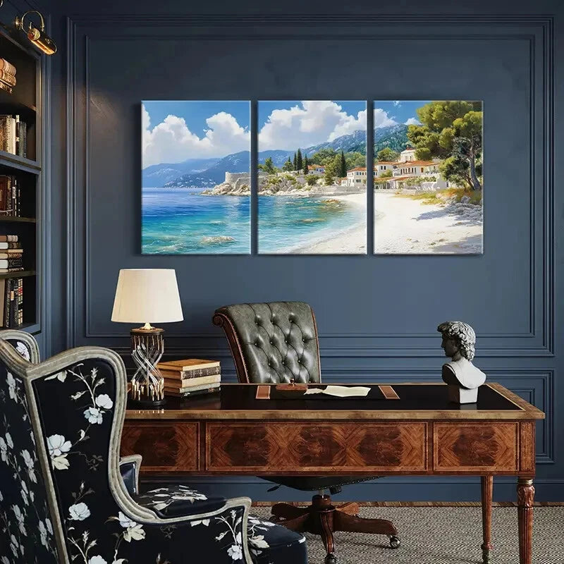 3pcs Seaside Mediterranean Mountain View Metal Print Ready to Hang Art