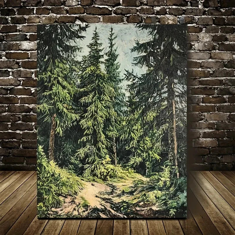 Flourishing Pine Forest Landscape Painting 40x60cm Metal Print Ready to Hang