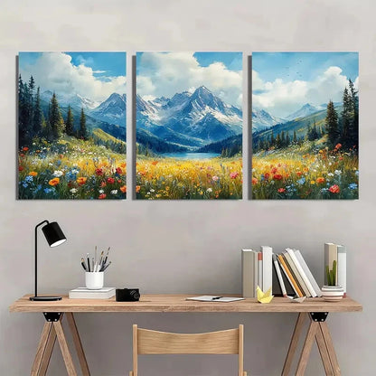 3pcs Mountain Landscape Meadow Painting Metal Print Ready to Hang Art
