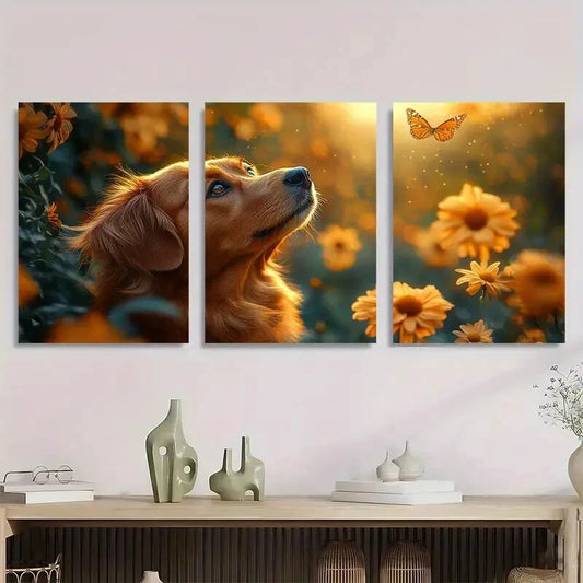 3pcs Golden Retriever Daisies & Butterflies Metal Print Ready to Hang Art