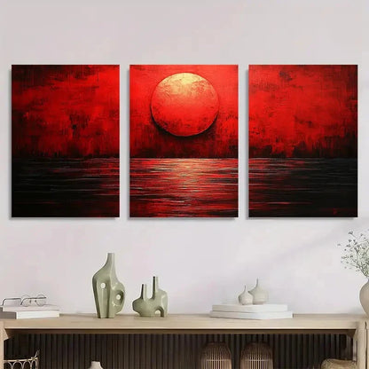 3pcs Vibrant Red Sunset Modern Metal Print Ready to Hang Art