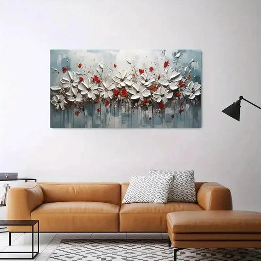 Red White Crayon Flowers wall canvas office home room framed 120x60cm - Bella Home Decor