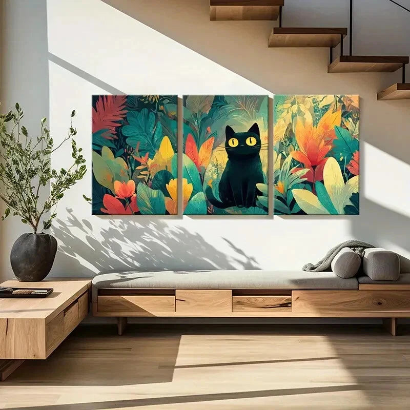 3pcs Black Cat Vibrant Leaves Tropical Jungle Metal Print Ready to Hang Art