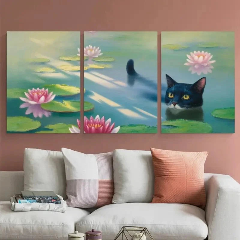 3pcs Vibrant Nature Black Cat & Water Lilies Metal Print Ready to Hang Art