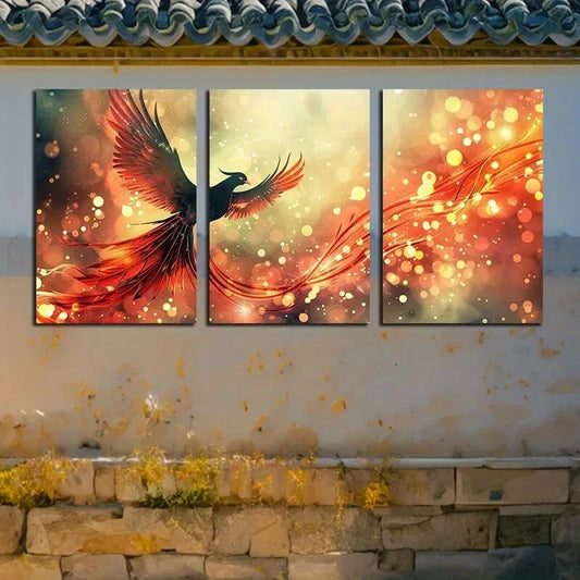 3pcs Vibrant Phoenix Orange Color illustration Metal Print Ready to Hang Art