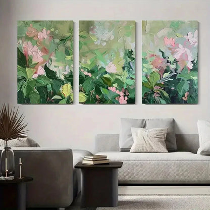 3pcs Floral Abstract Soft Pink and Green Flowers Metal Print Ready to Hang Art