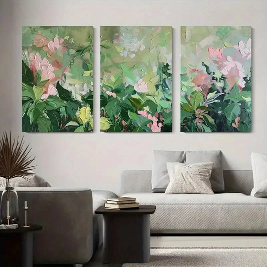3pcs Floral Abstract Soft Pink and Green Flowers Metal Print Ready to Hang Art