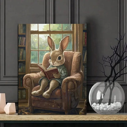 Charming Rabbit Reading in Armchair Painting 40x60cm Metal Print Ready to Hang