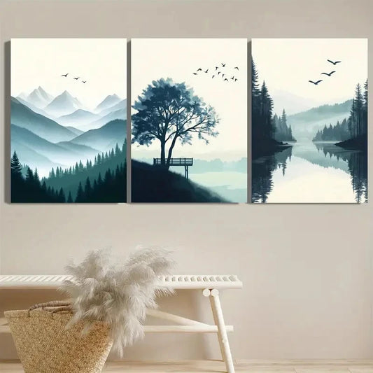 3pcs Cloudy Mountains with Pine Tree On The Top Metal Print Ready to Hang Art