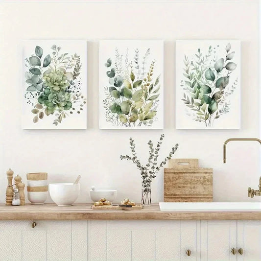 3pcs Mint Green & Beige Bohemian Botanical Metal Print Ready to Hang Art