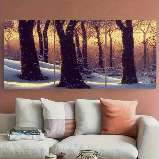 3pcs Snowy Forest Winter and Sunlit Pathway Scene Metal Print Ready to Hang Art