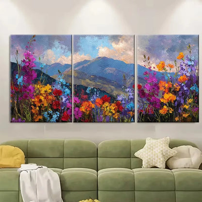 3pcs Colorful Wildflowers Mountain Sunset Metal Print Ready to Hang Art