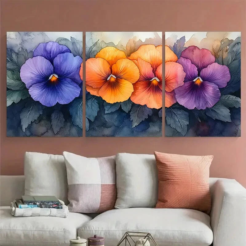 3pcs Vibrant Tricolor Pansy Elegant Floral Metal Print Ready to Hang Art