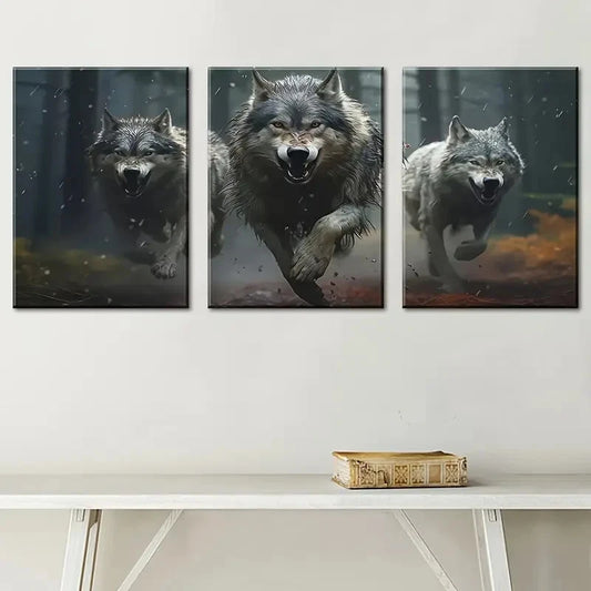3pcs Featuring a Wolf Pack Painting Metal Print Ready to Hang Art