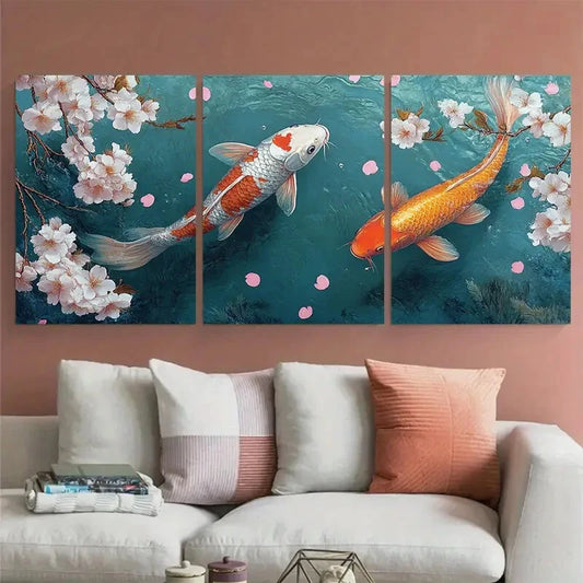 3pcs Koi Carp Cherry Blossom Illustration Metal Print Ready to Hang Art