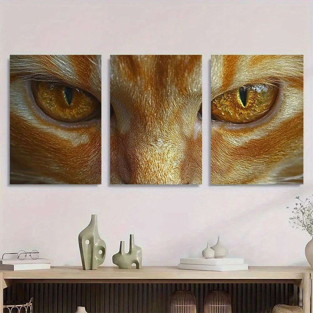 3pcs Funny Animal Cat Sign Gold Eyes Metal Print Ready to Hang Art