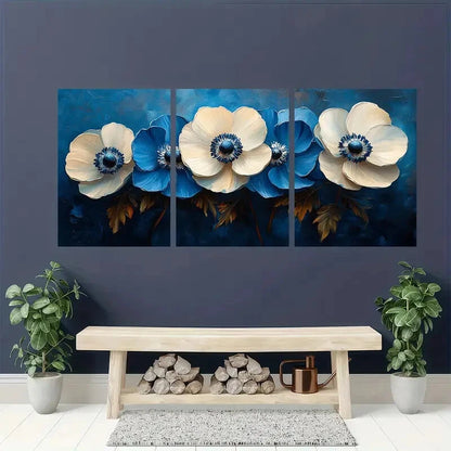 3pcs Elegant Blue & White Anemone Oil Painting Metal Print Ready to Hang Art