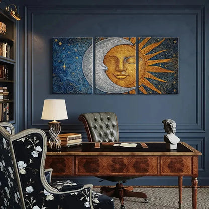 3pcs Sun Moon Celestial Art Golden Silvery Face Metal Print Ready to Hang Art