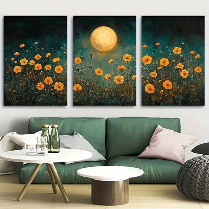 3pcs Moonlit Marigolds Golden Blooms Metal Print Ready to Hang Art