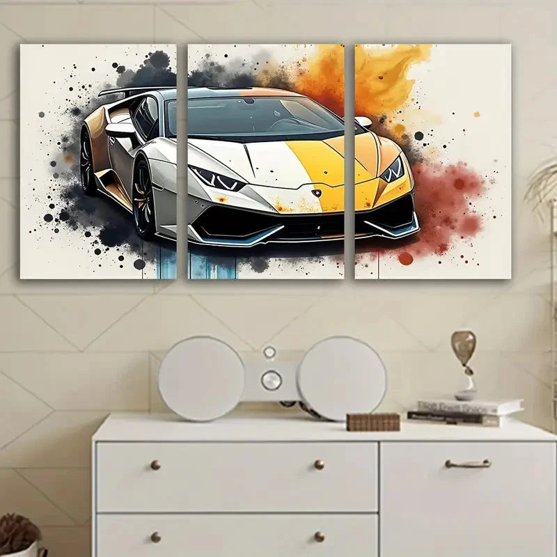 3pcs Flaming Sports Car Triptych Metal Print Ready to Hang Art