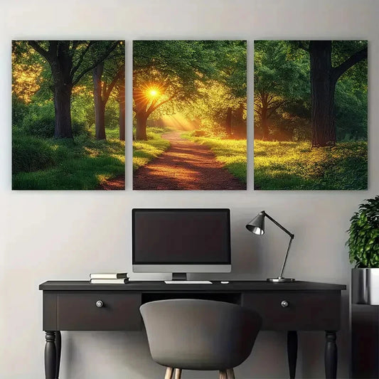 3pcs Rural Forest Pathway Sunlit Trees Metal Print Ready to Hang Art
