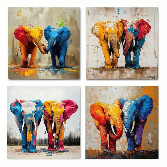 4pcs Blue & Red Elephants Wall Art Canvas Framed